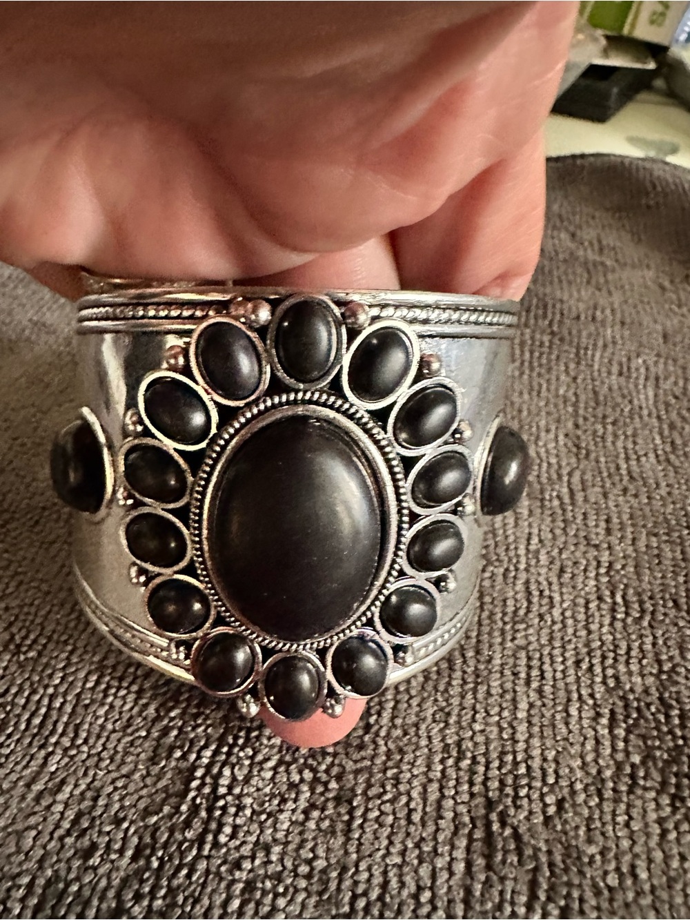 Source Unknown Silver-Tone Black Stone Statement Cuff Bracelet